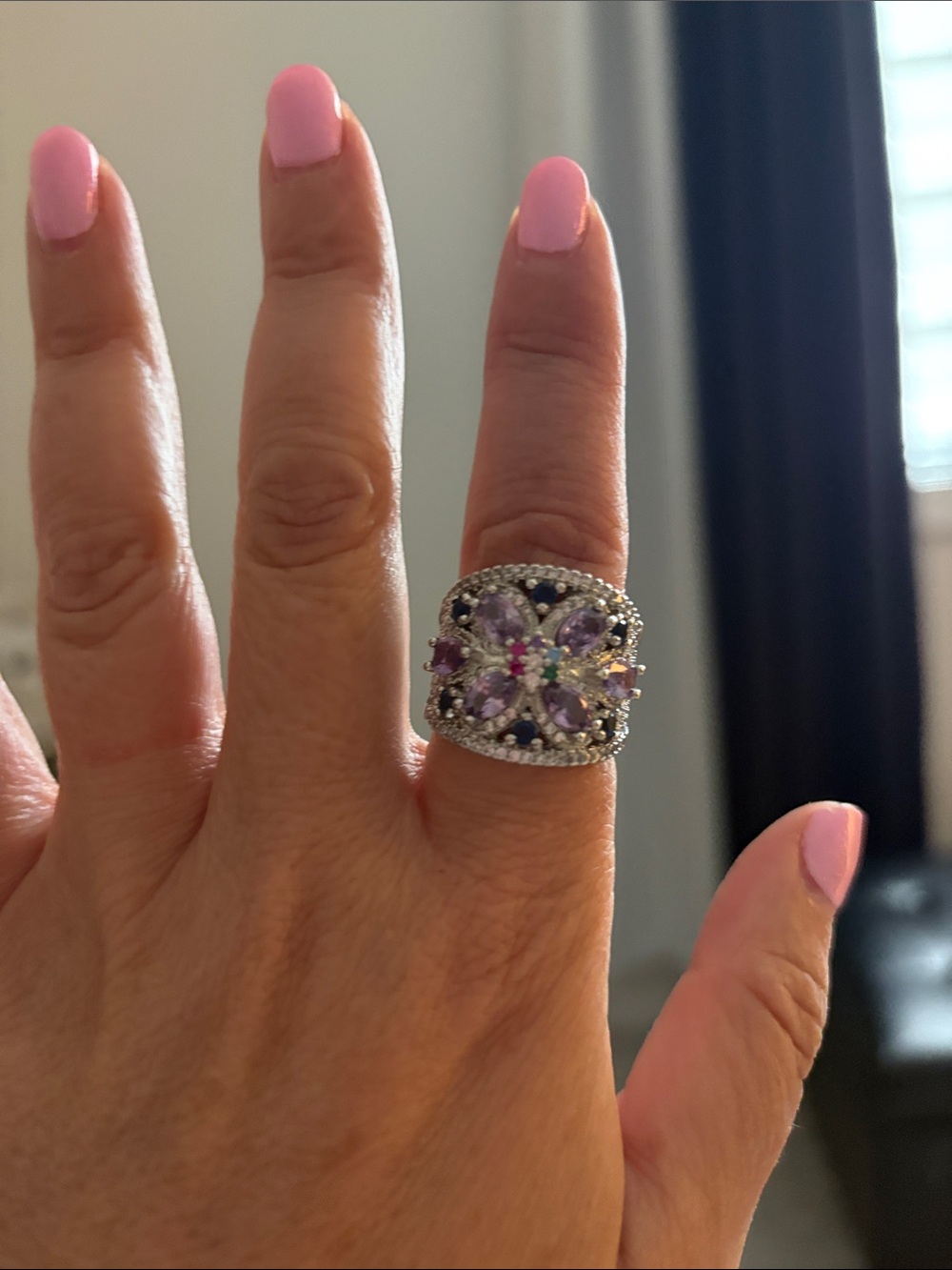 Sterling Floral Cluster Ring with Purple Swarovski stones size 6